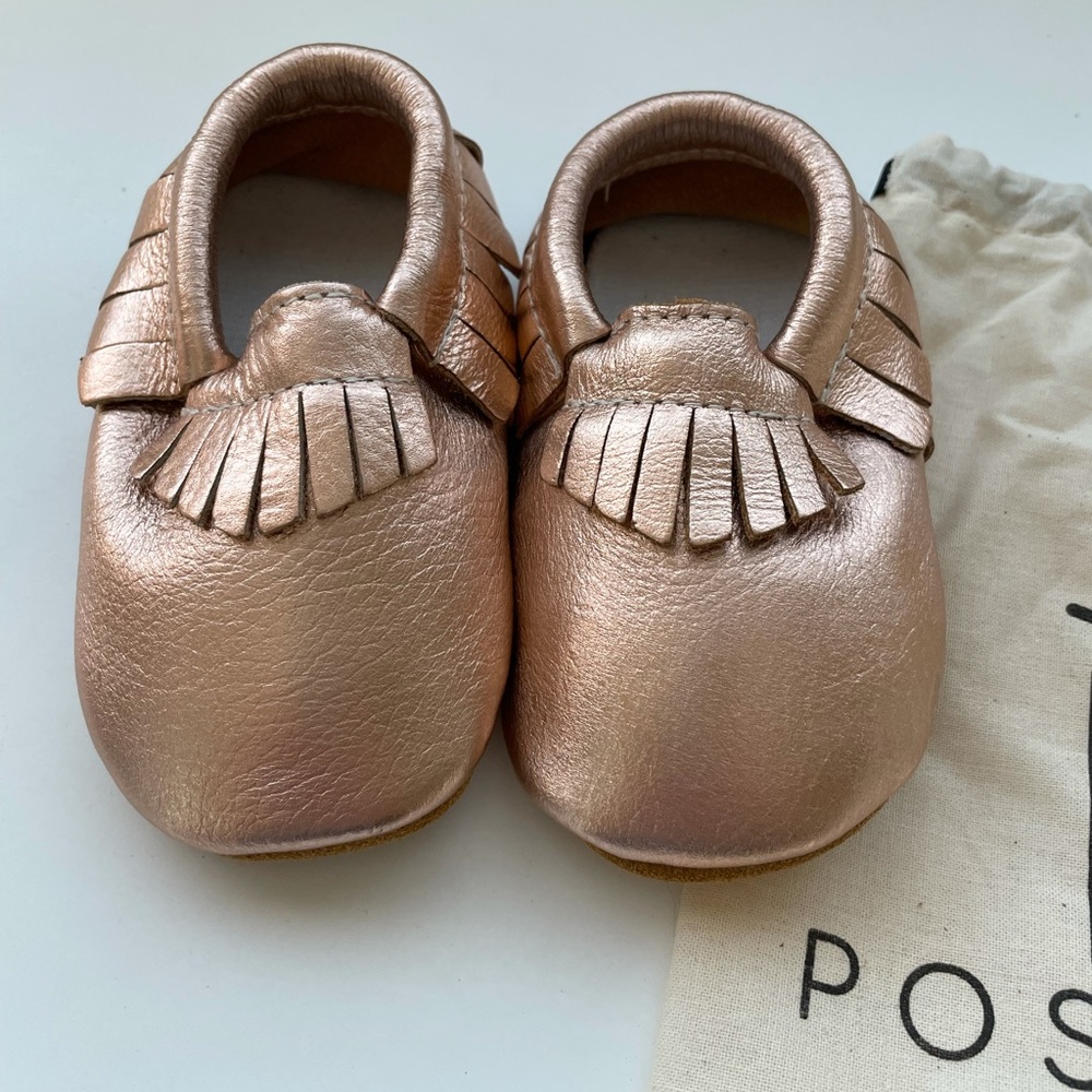Rose gold Poshberry moccasins with walking soles